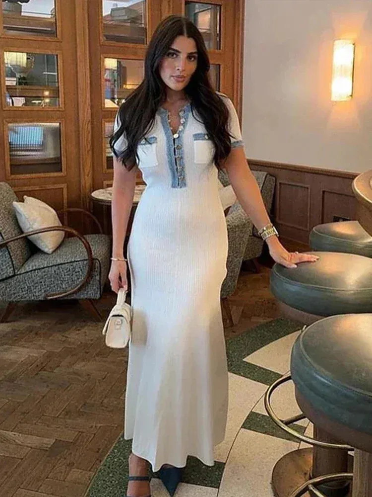 Fashion denim patchwork knit maxi dress womens short sleeve floor-length  holiday party skirt from Dhgate Urban Sexy Dresses - price 86.37