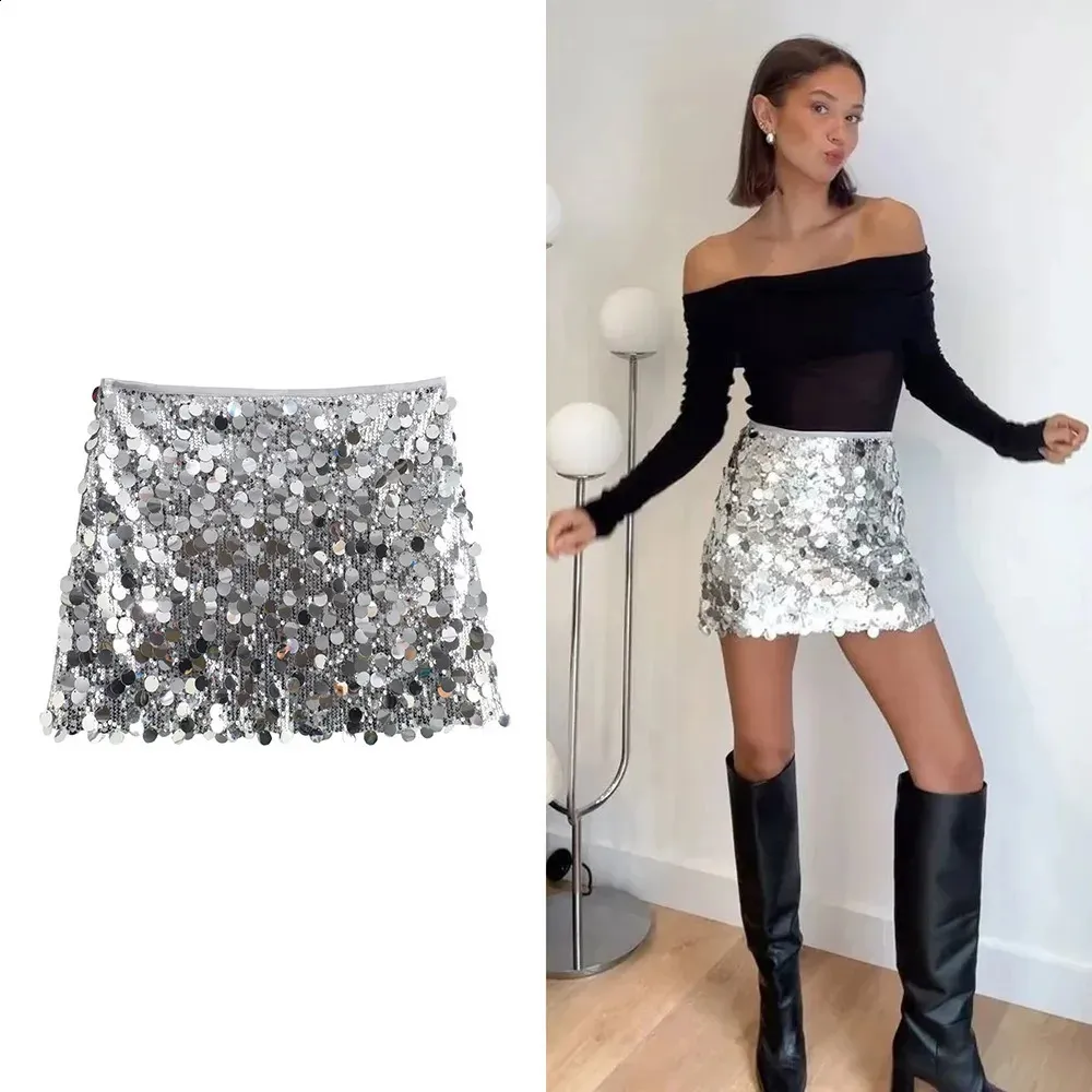 Sequined High Waisted Mini Skirt Silver Zipper Accent, Vintage Chic Style  Shop Now!