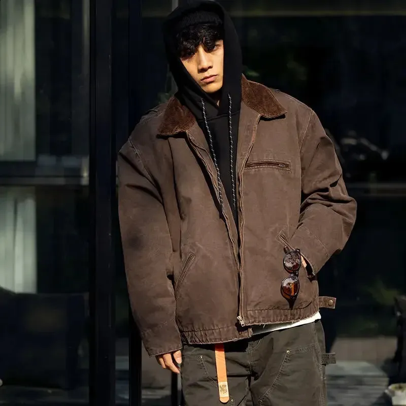 ジャケット・アウター vintage Euro remake work jaket Retro Jacket Short Canvas Workwear Jacket Mens Casual Zipper