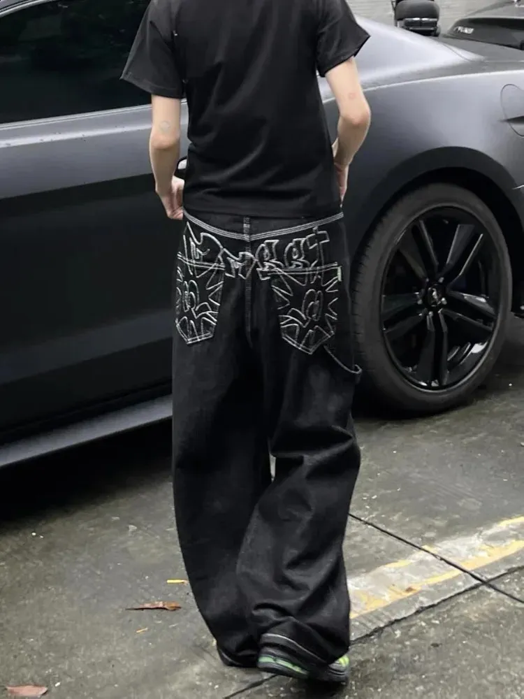 Vintage Embroidered Black baggy jeans for Women - Oversized