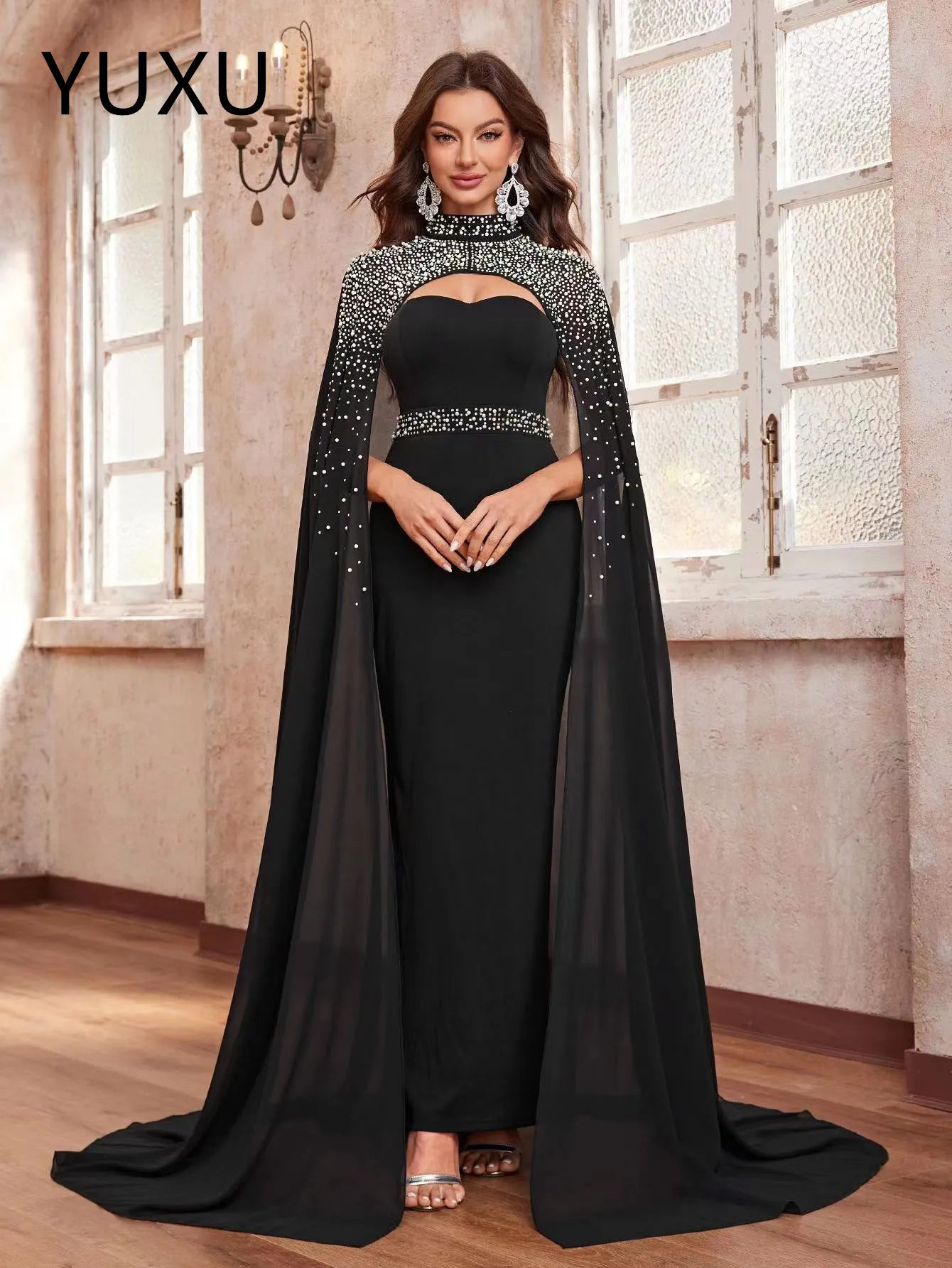 chinese dress ladies Mingxue Scarf Elegant Sheer Neck Prom Dress Evening Dress Lace Mermaid Prom  Dress main image 1