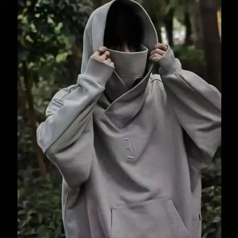 Harajuku High Neck Fish Mouth Hoodie Japanese Streetwear Men's