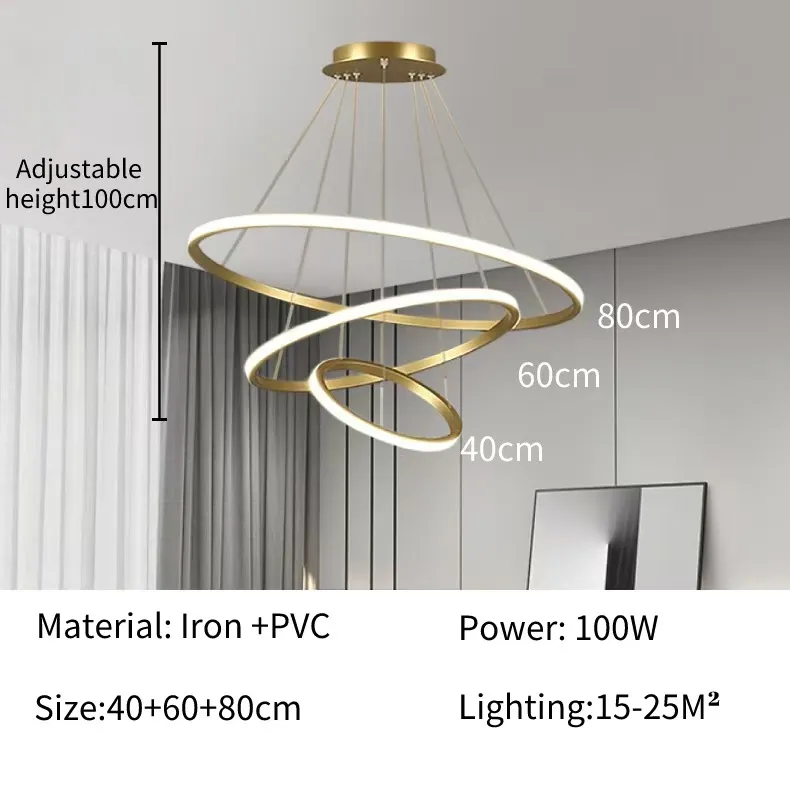 Lampadario LED Moderno A 3 Anelli 86W – Soffitto A Cielo Stellato Per Soggiorno, Scale, Camera – Regolabile (Oro, 30+40+60cm, 7700Lm)