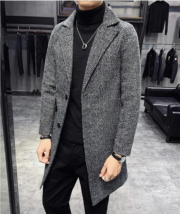 ジャケット・アウター NO ID Long Wool trench coat Men'S Notched Long Wool Blend Trench Coat Single Breasted