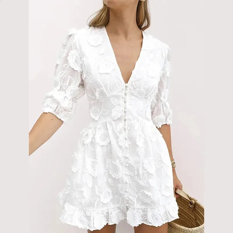 White Flower Embroidery Chiffon Midi Dress Women Short Sleeve V-neck Single  Breasted Summer Dress from Dhgate Basic & Casual Dresses - price 79.25