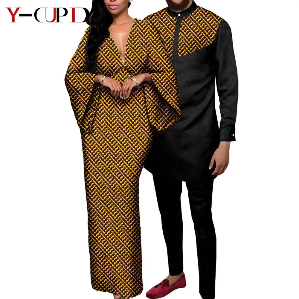 Vibrant African Print Couple Outfits: Dashiki Top and Pant Sets for Men and  Deep V-Neck Long Dresses for Women