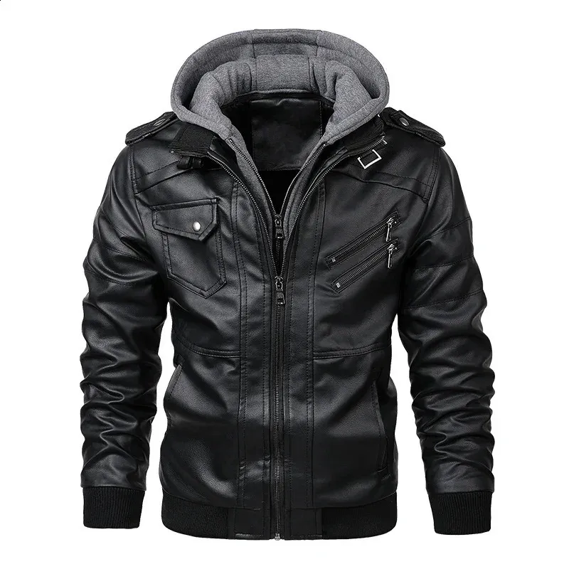 Mens Leather Motorcycle Jacket Hooded PU Coat with Detachable Cap