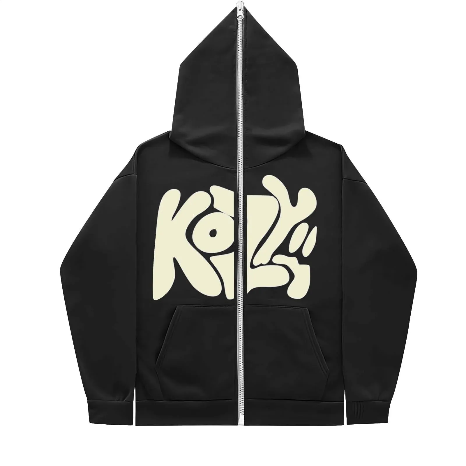 KOZY Alphabet Printed Zipper white fox hoodie - Casual Coat