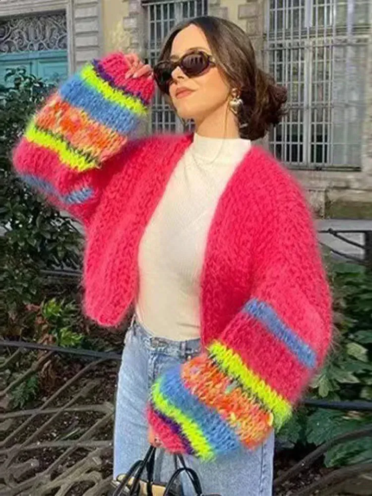 Chic Rainbow Striped Loose Knitted Cardigans Fashion Long Sleeve Casual Cropped Sweaters Ladies Autumn Street Outerwear 240824