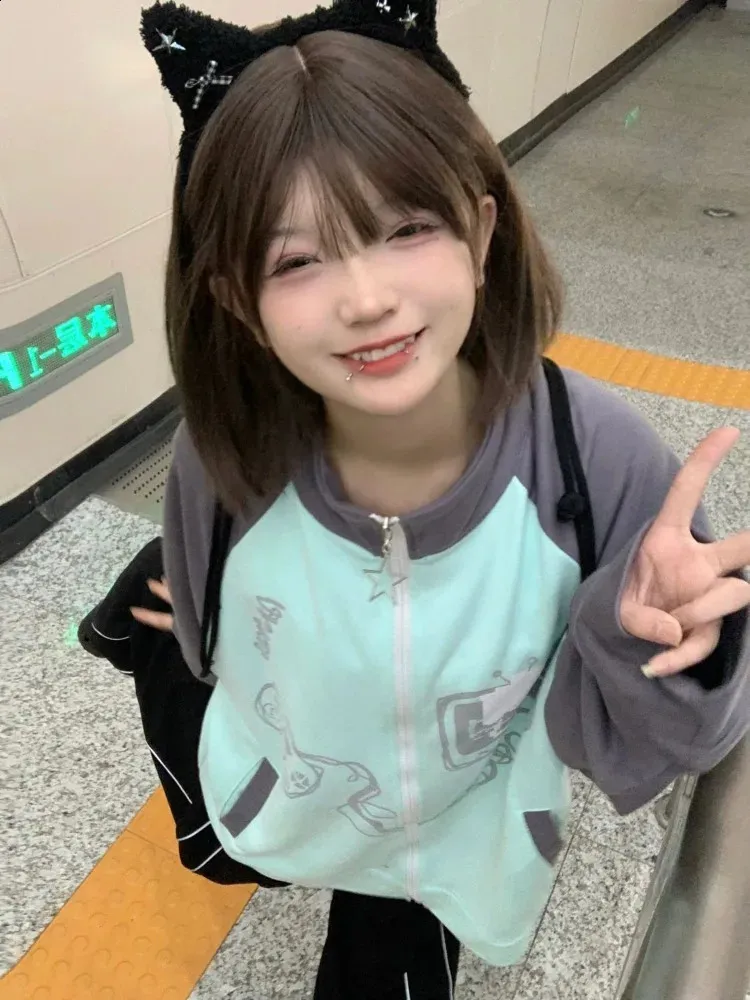 Deeptown Harajuku Korean Graphic Zipper Hoodies Women Kawaii