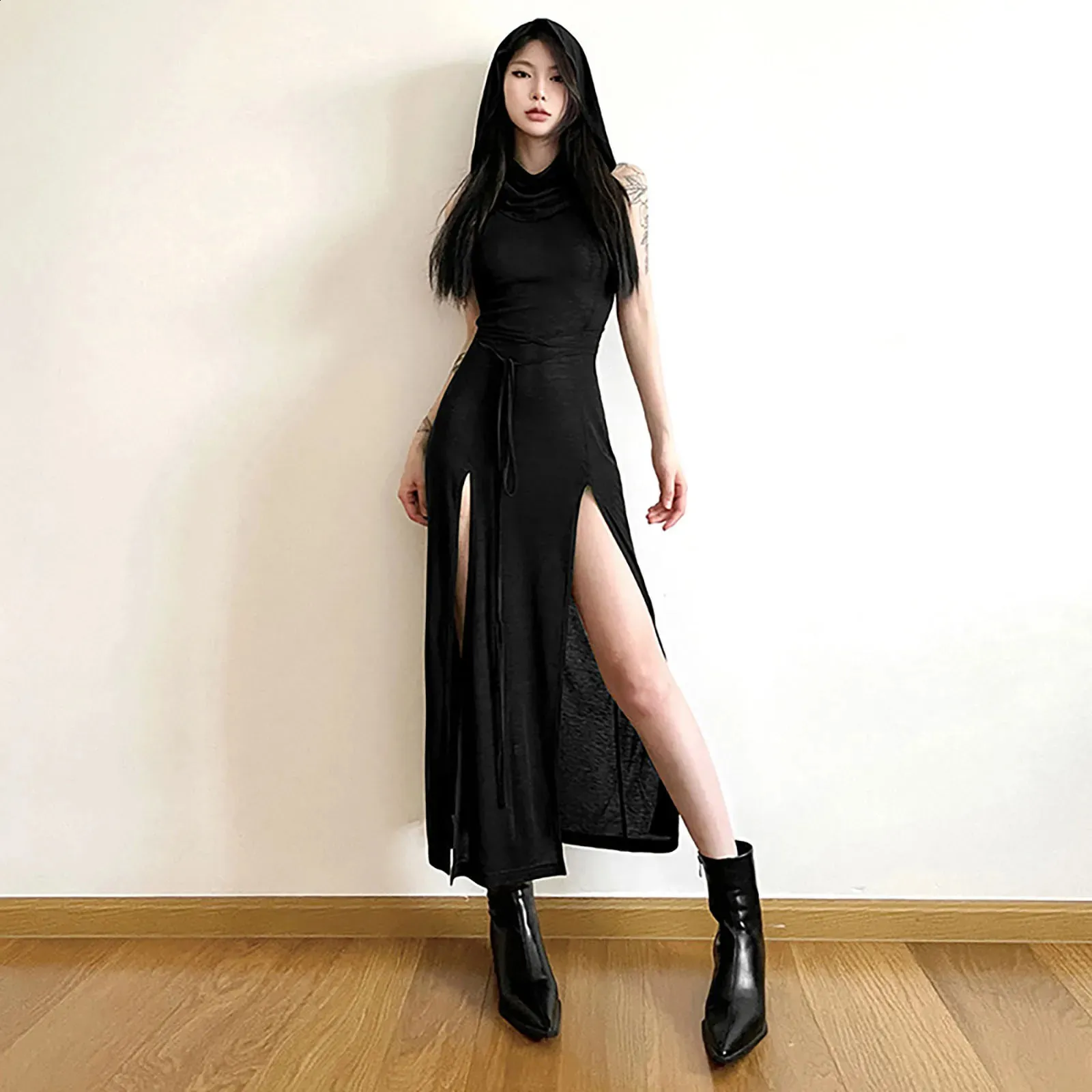 green emerald velvet dress Extreme Dropped Cowl Neck Hooded Midaxi Dress Black main image 0