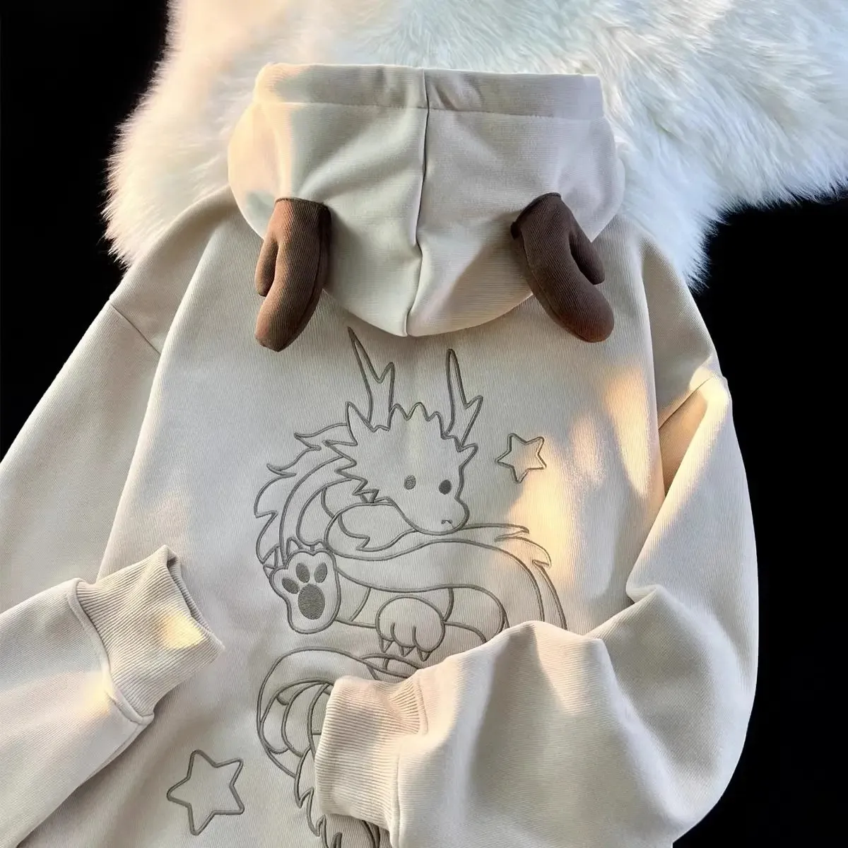 Dragon Embroidered Horn Hoodie And Flannel Unisex Long Sleeve 