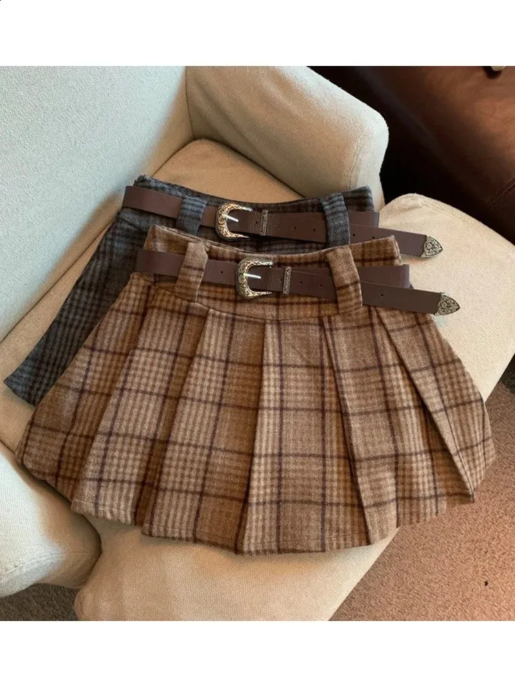 Denim Mini Skirt Distressed Vintage Plaid Mini Skirt With Belt