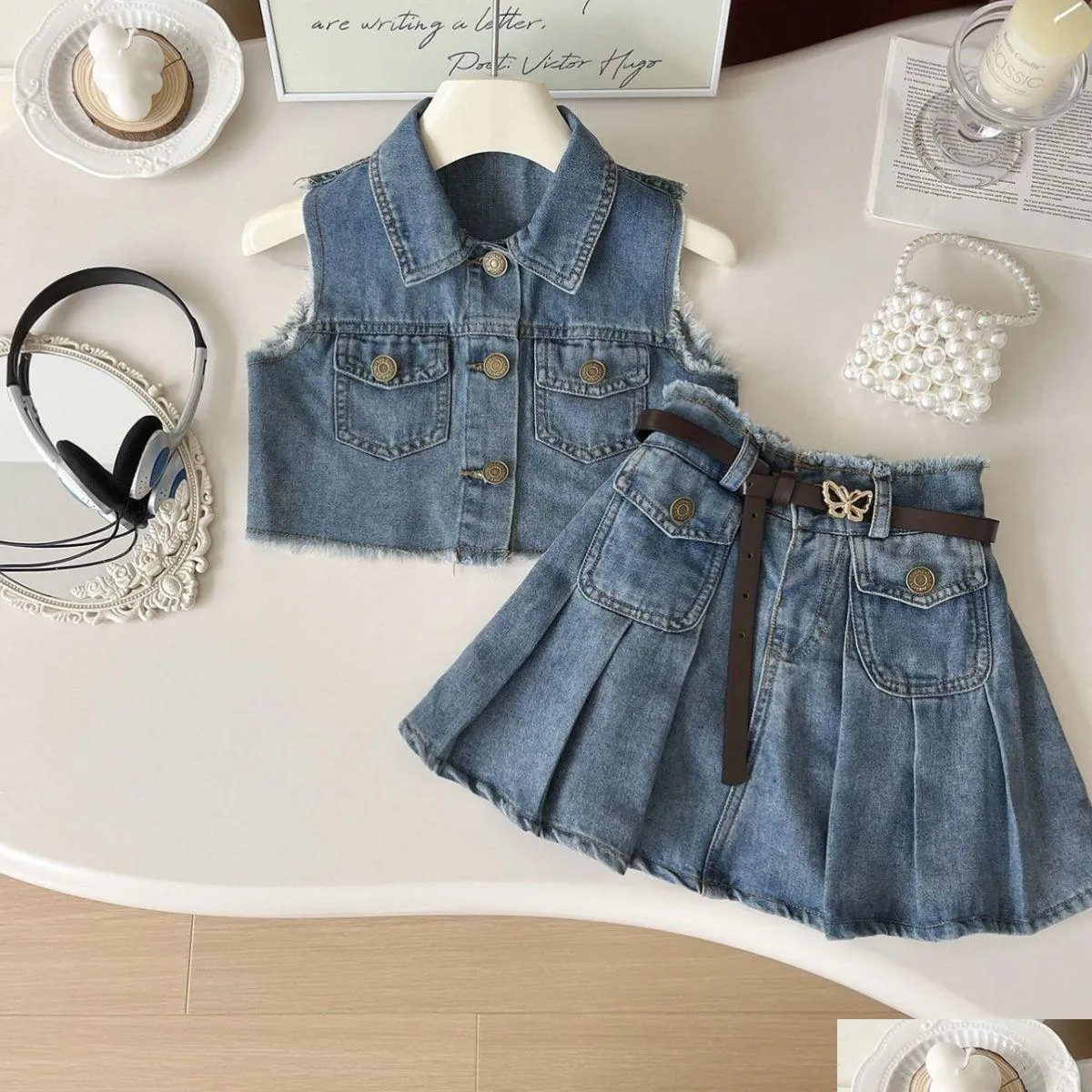 Girls Denim Skirt Set: Cute Sleeveless Vest Top Skirt Outfit