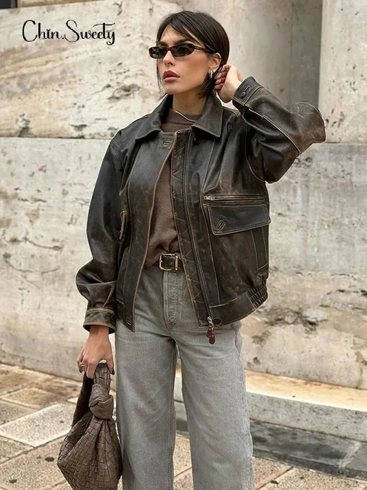 Autumn 2021 Fading Bomber leather jacket for Women with Autumn 2021 Fading Bomber leather jacket for Women with