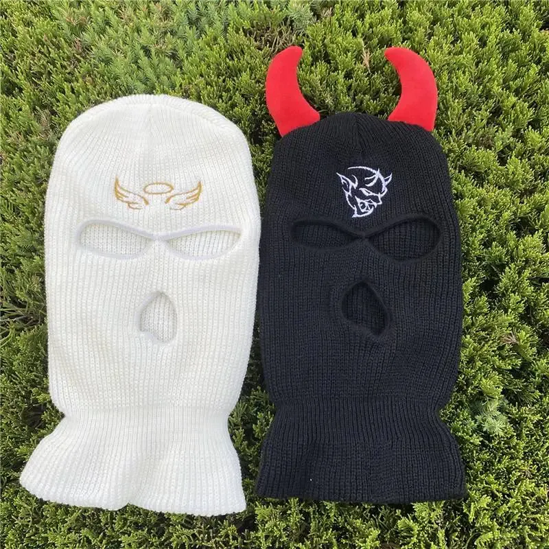 Demon Horn Balaclava: Halloween Embroidery Skull Mask - Warm Knit Full ...