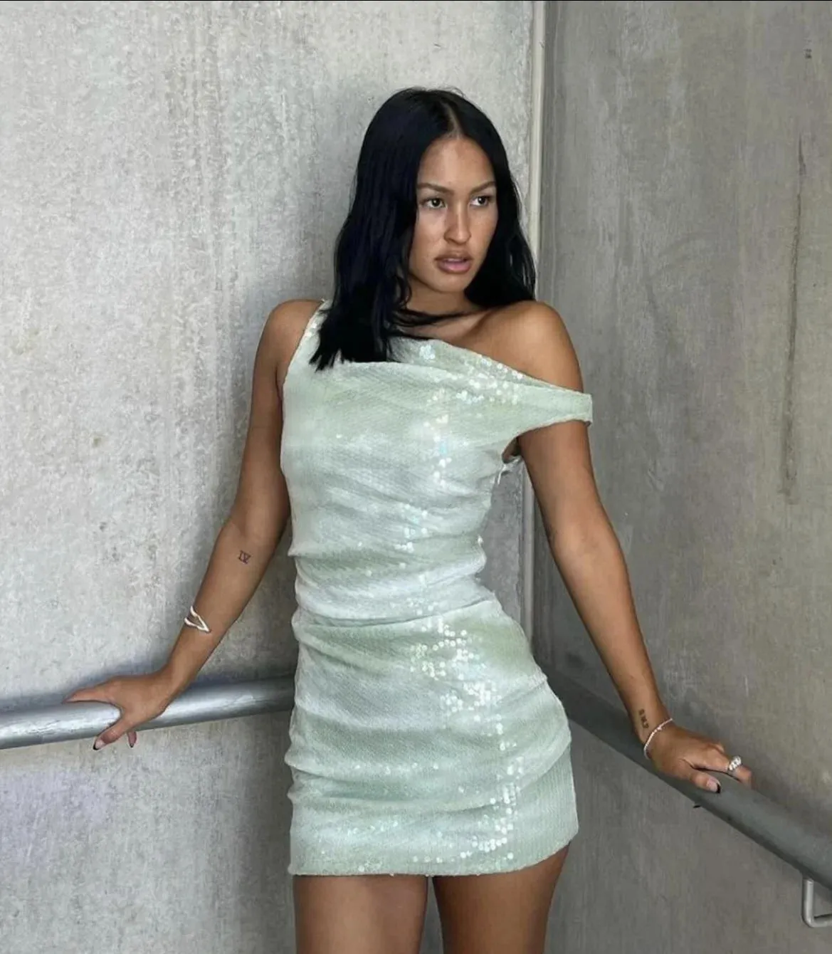 Sequined Mini Dress For Women Sleeveless Slash Neck, Zipper 
