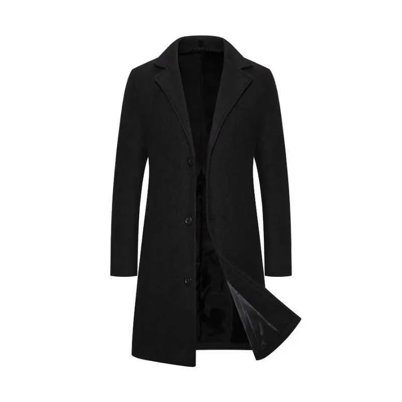 Mens medium length wool single breasted trench coat jacket with