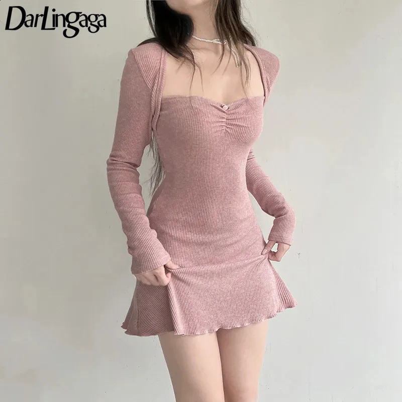 Korean Pink Autumn Dress for Women - Sweet and Elegant Mini Size with Square Neckline and Basic Knit - DarLingaga 240816