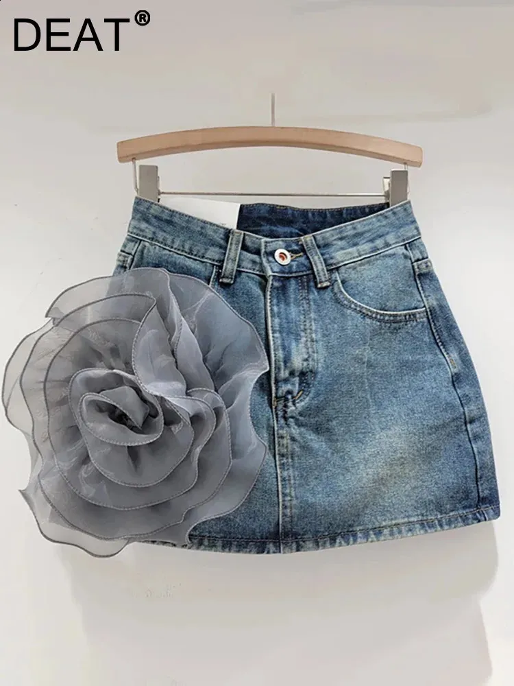 High Waist A-Line Denim Mini Skirt Solid Color, 3D Mesh Flower Detail  Shop Now!