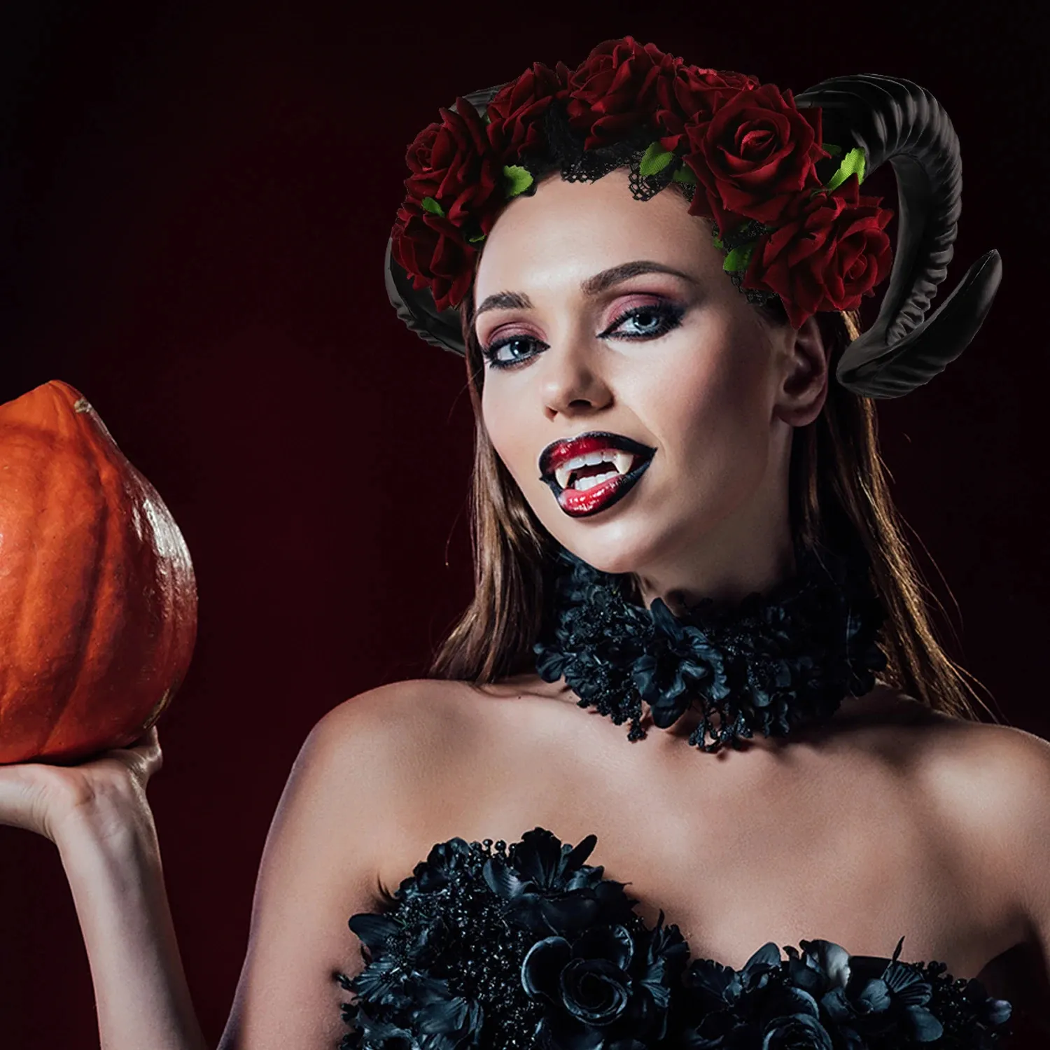 Rose Flower Crown Headband with Horns & Mask - Halloween  display picture 1