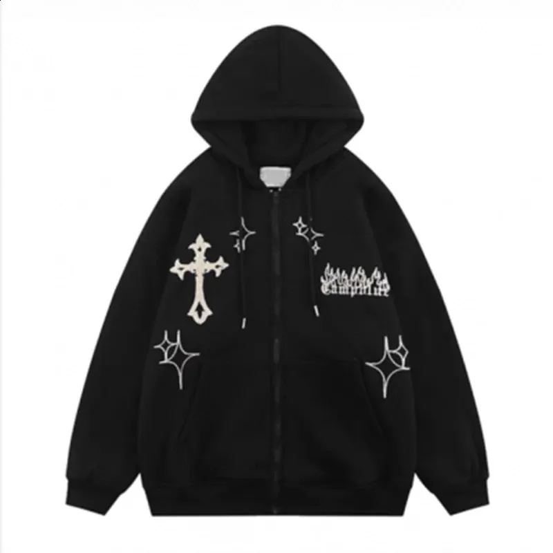 【本日限定価格！】GOTHIC CROSS HOODIE ZIP UP Oversized Boxy Zip Through Embroidered Gothic Cross Hoodie