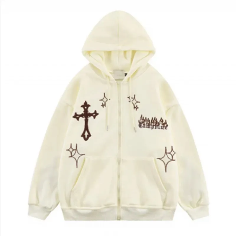 Gothic Cross Embroidered Zip Up Hoodie - Streetwear Y2K