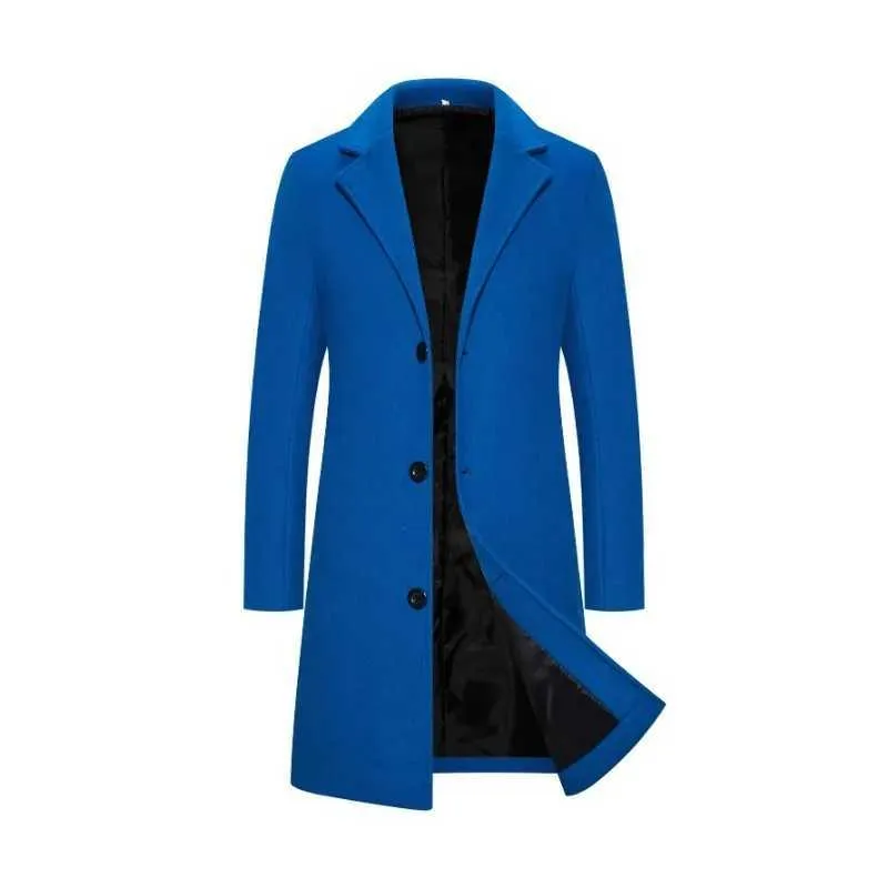 Mens medium length wool single breasted trench coat jacket with