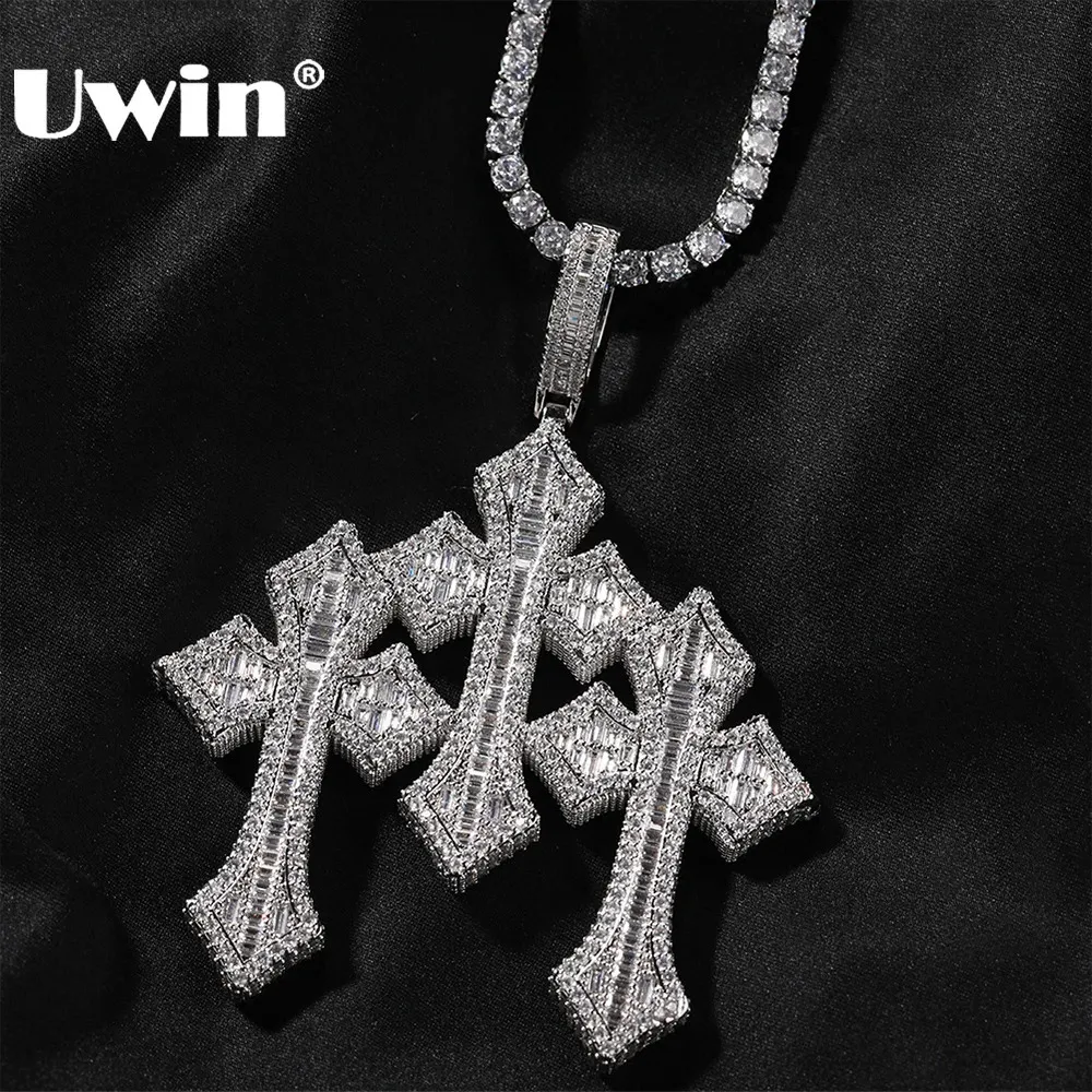 UWIN Stacked Crosses Pendant Necklaces For Men Baguette Cubic Zirconia ...