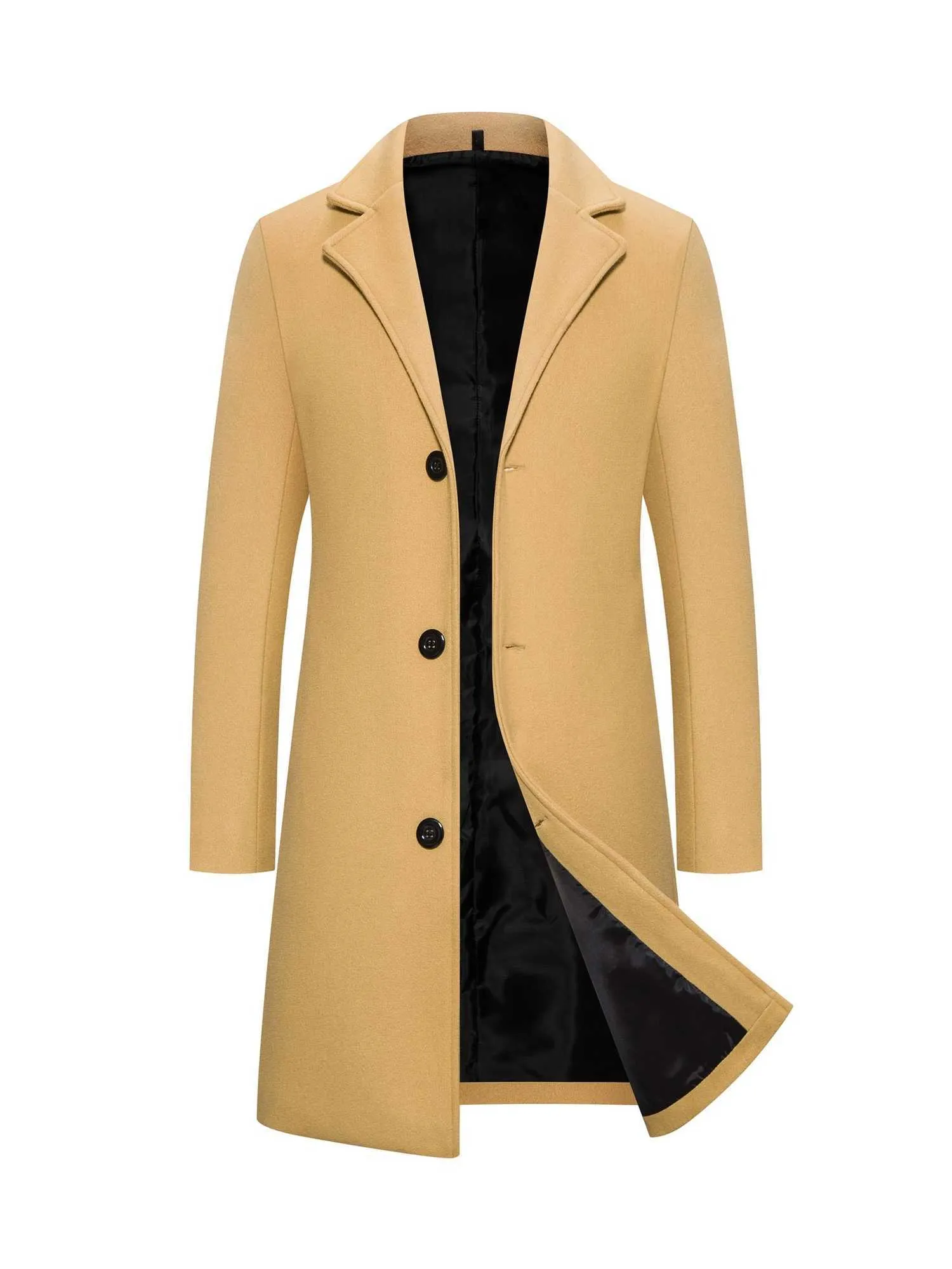 Mens medium length wool single breasted trench coat jacket with