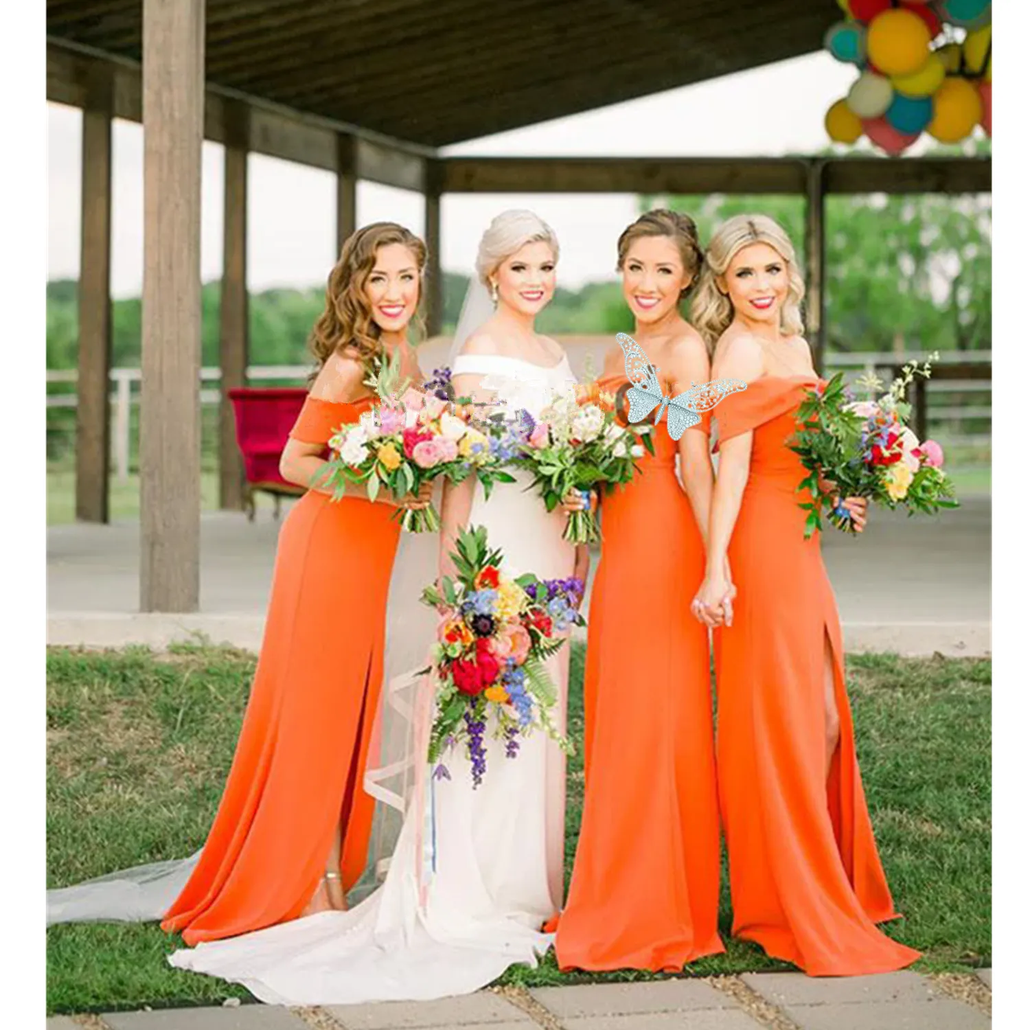 Elegant 2021 Burnt Orange Chiffon bright Orange bridesmaid dresses with Off-Shoulder and Front Spilt Gown - Custom Made