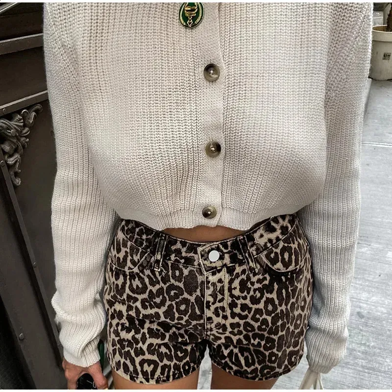 パンツ l'appartement Leopard Print Short Pants Womens Leopard Print Denim Shorts Casual Button Vintage