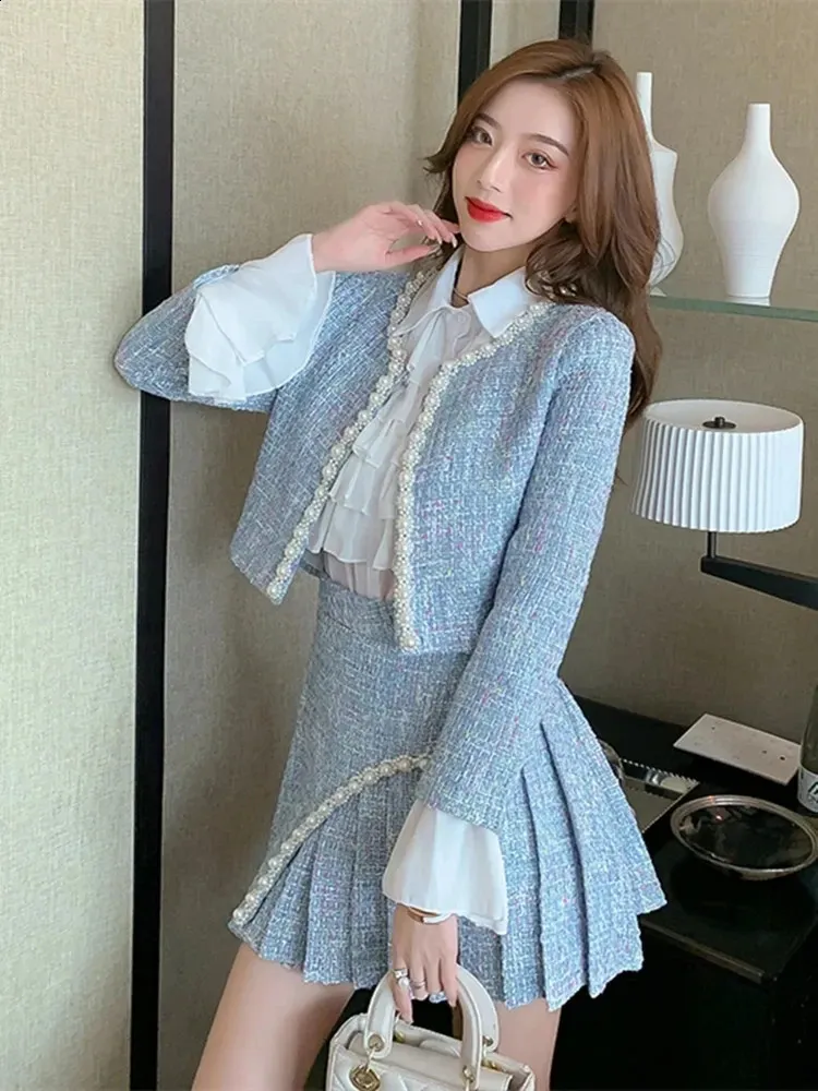 Elegant Womens 3-Piece Tweed Suit Set: Autumn Winter Beaded