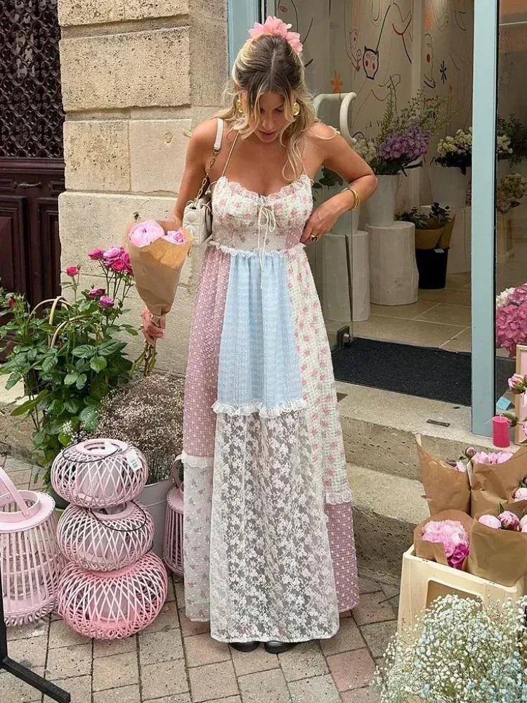 Sweet Elegant Print Patchwork Backless U Neck A Line Dresses Sweet Elegant Print Patchwork Backless U Neck A Line Dresses