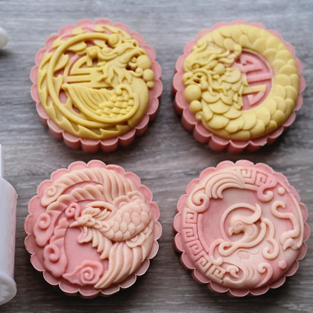Moon Cake Molds 4-Piece Set: Dragon Phoenix Design, Perfect  for DIY Baking! Shop Now!