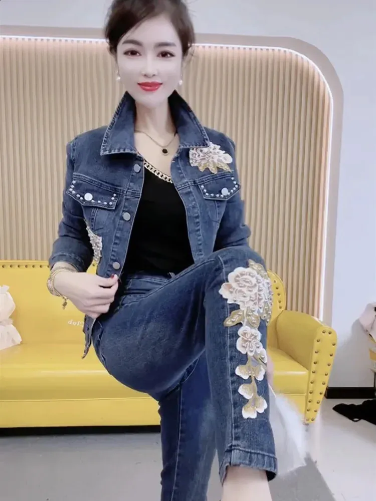 Women Denim Set: Elegant Flower Embroidered Denim Jacket And Jeans