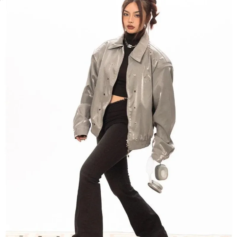 Veste En Simili-Cuir Oversize Pour Femme - Style Y2K/Moto, Manches Longues, Poches Zippées, Pour Automne/Hiver