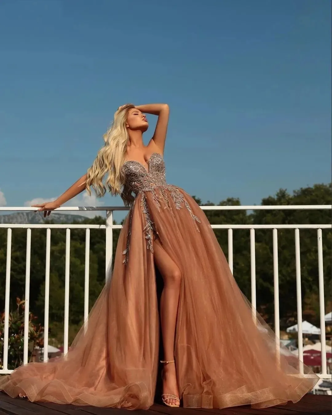 Brown Side Split Tulle Prom Dress A-Line Sweetheart Neckline Backless Sweep  Train Plus Size from Dhgate Prom Dresses - price 136.59