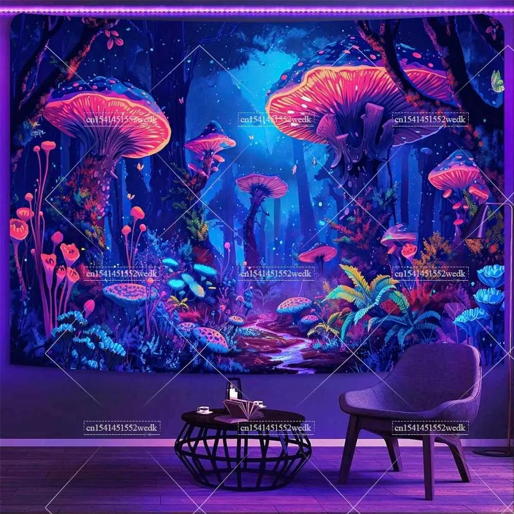 Blacklight Tapestry: Mushroom Forest UV Reactive Neon Wall Decor