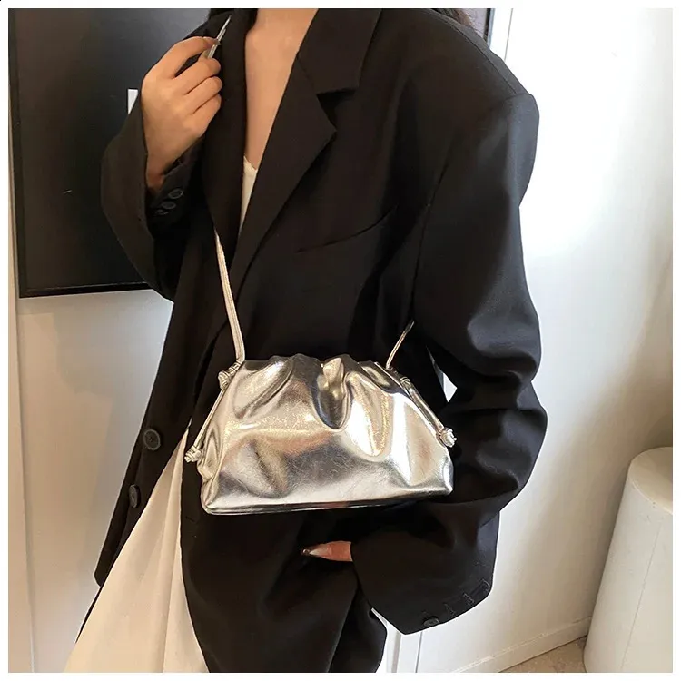 Wallet shoulder bag／ミニポーチ付／silver Trendy Silver Dumpling Clutch - Womens Casual Handbag