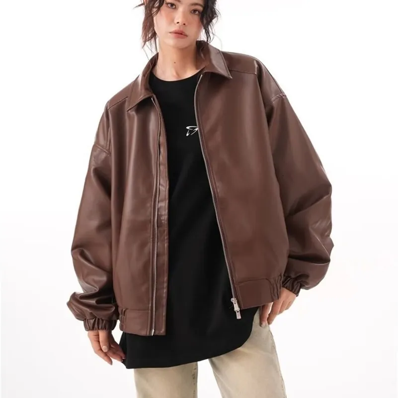 Faux PU Leather Rider Jacket For Women Vintage Long Sleeve