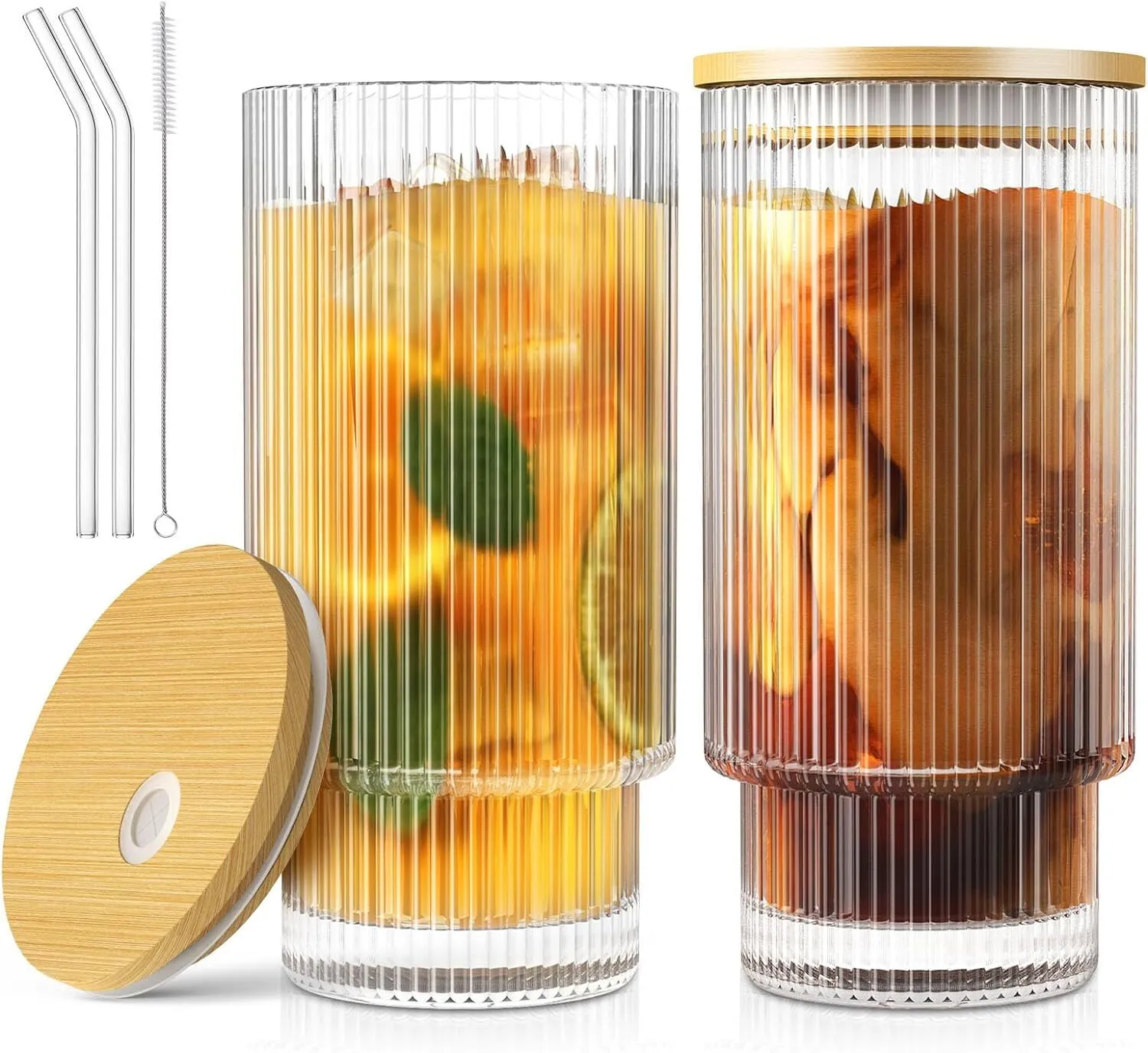 Deli Glassware Ribbed Lidded ribbed ceramic glassware set with straw, 350ml 11.8 oz capacity ...