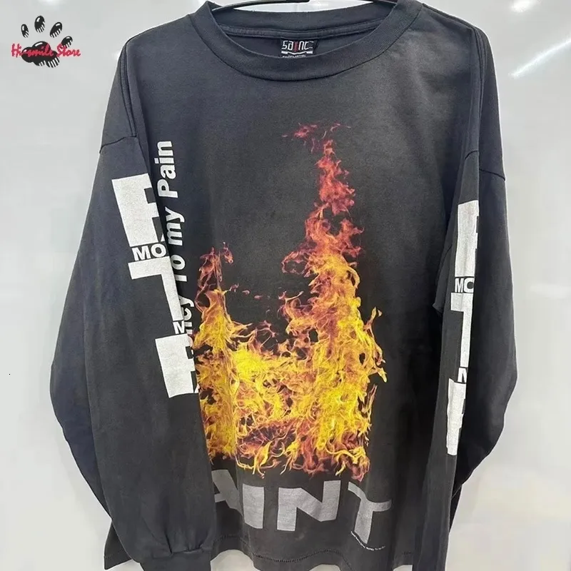 Flame Print Oversized Long Sleeve T-Shirt - Street Style