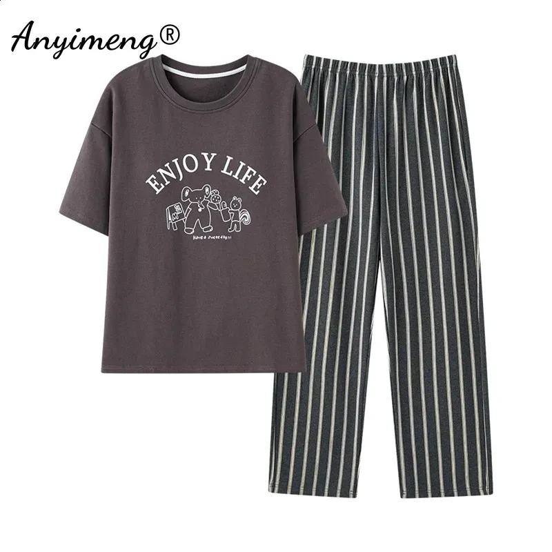 Women's Summer Cotton Pajama Set Short Sleeve Top Long Pants, Korean  Style, Soft Sleepwear with Letter Print Cozy Nightwear