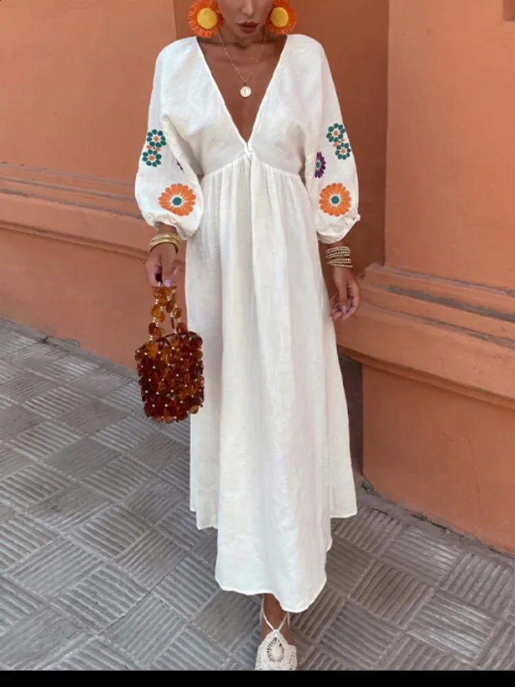 Loose Lantern Sleeve V-Neck Midi Dress - Fashion Print for Women, Perfect for Casual Summer Beach Party Wear Kurti and Holiday Parties (240816)