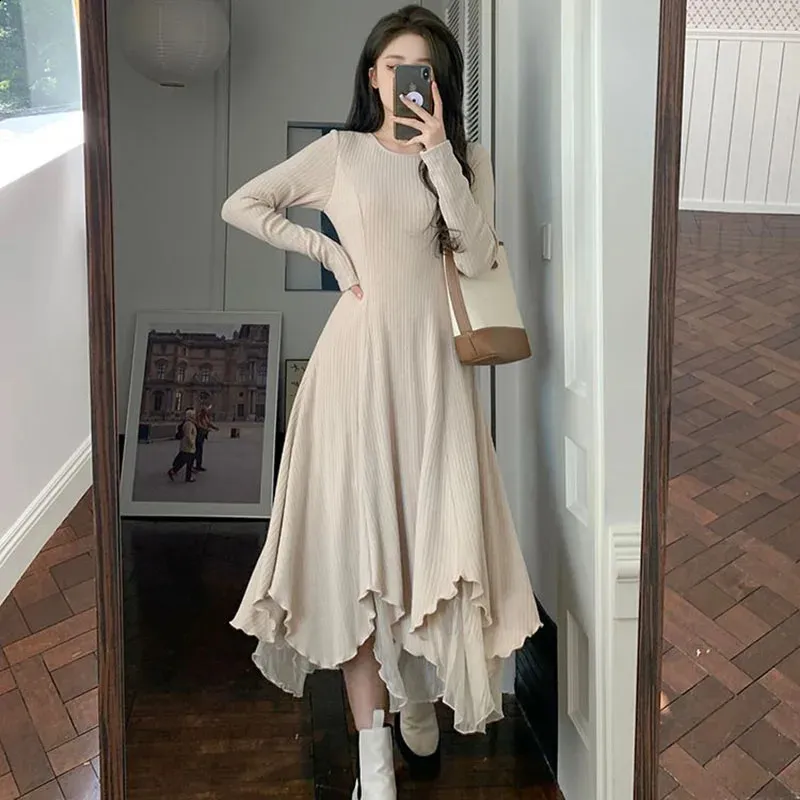 Korean Fashion Patchwork Knitted dress for Women - Elegant Irregular Long Sleeve dress (240816)