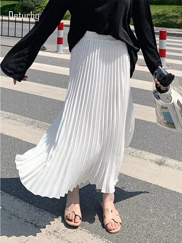 High Waisted Pleated Skirts: Elegant Spring Midi Skirt Korean