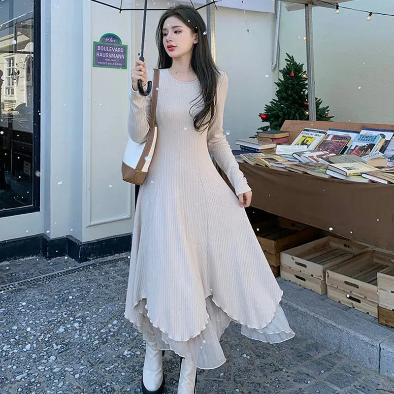 chinese dress ladies Voguable Plus Size Knitted Sweater Dress Women Long Sleeve V Neck Soli –  voguable main image 1