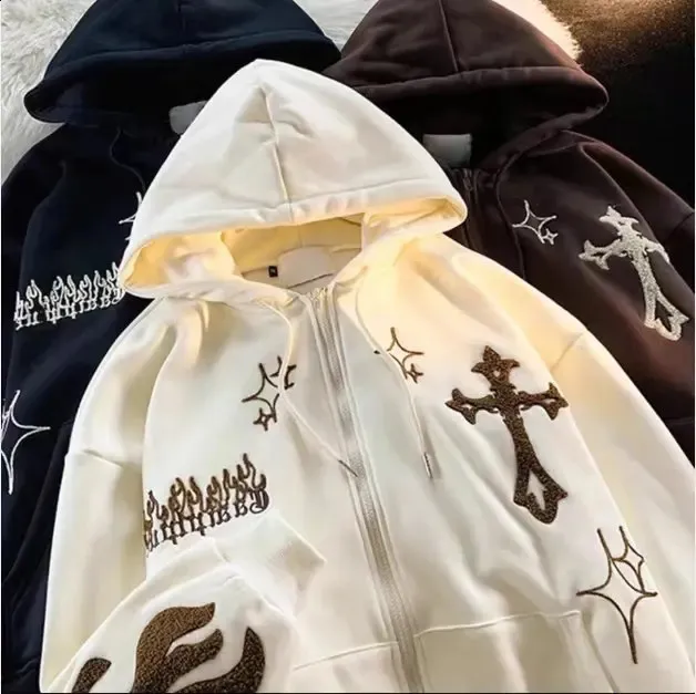 Gothic Cross Embroidered Zip Up Hoodie - Streetwear Y2K