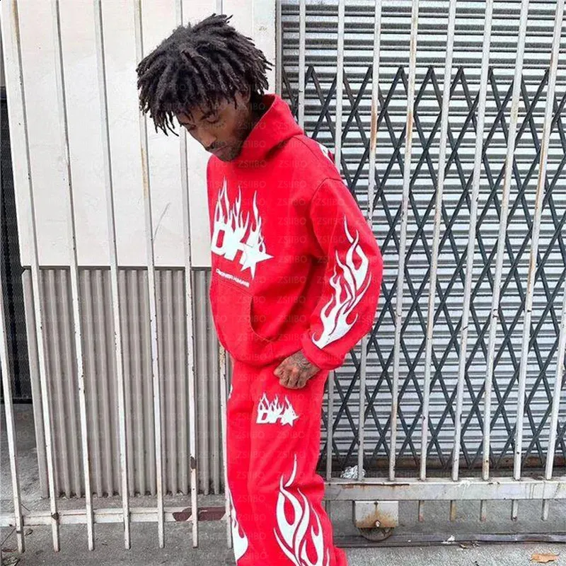 Tracksuit Hoodie Sweatpants Set Mens Hip Hop Flame From Lu04